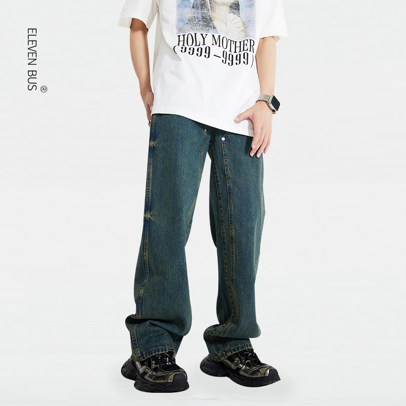 2024 primavera americana retrò a vita alta fibbia decorazione jeans a gamba larga da uomo etichetta alla moda appesa pantaloni a gamba dritta da uomo_voghion.com