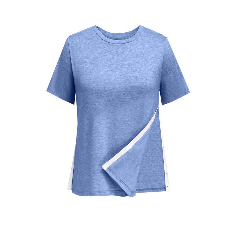 欧米のアマゾンの女性の半袖のtシャツの側の縫い目の調節のボタンの丸首のカジュアルでゆったりしている上着|undefined