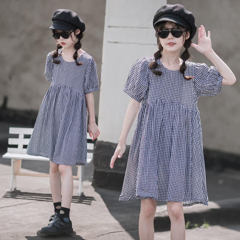 Vestido de Niña, Estilo Veraniego Nuevo 2024, Estilo Británico Moderno, Vestido Personalizado de Algodón a Cuadros para Niñas Grandes
