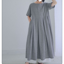 日系千鸟格棉麻腰对褶短袖连衣裙森系文艺简约宽松裙子夏季小清新