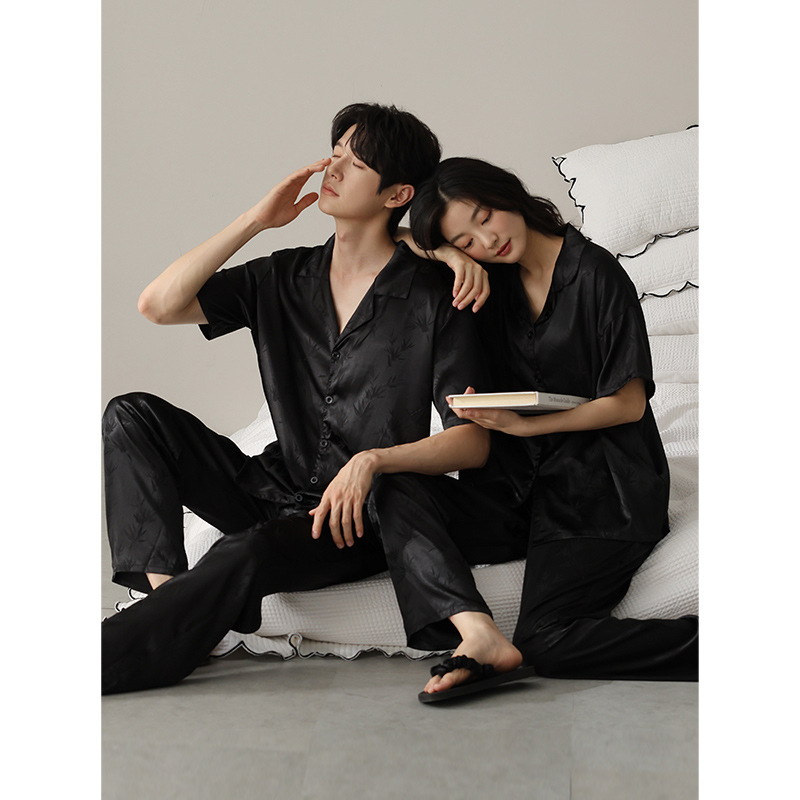 [쿨] 아이스 실크 파자마 여성 여름 새 커플 반팔 바지 가디건 봄 · 여름 실크 같은 홈 옷 남성