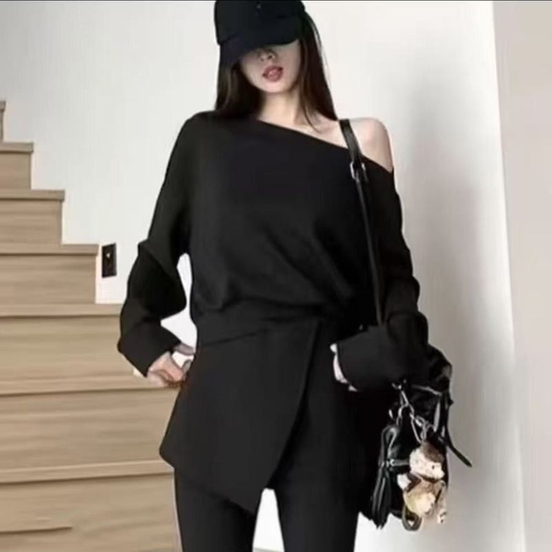 高品质版法式时尚套装女秋季宽简约松慵懒一直肩修身显瘦微喇裤|undefined