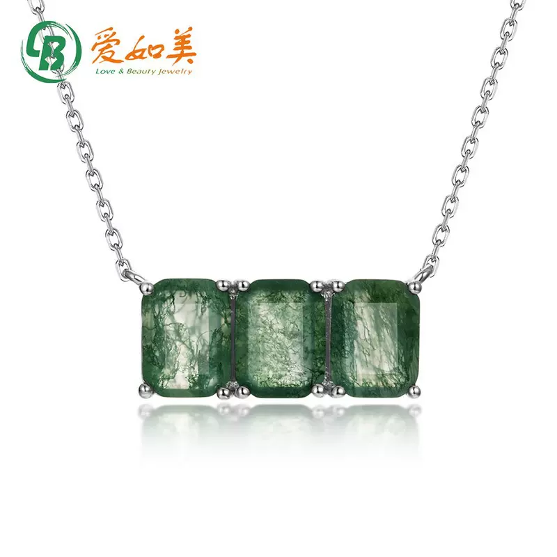 欧美轻奢简约几何天然水草玛瑙项链女流行S925银镀金项链跨境专供
