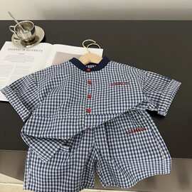 儿童衬衫套装男短袖夏季款小童格子短裤纱布宝宝衬衣两件套女薄款