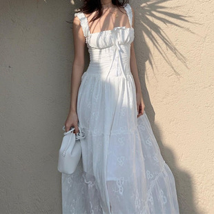 French Style Sweet Pure Elegant Dress 2024 Summer New Fashionable Square Collar Slim-fit Lazy Holiday Style Long Dress