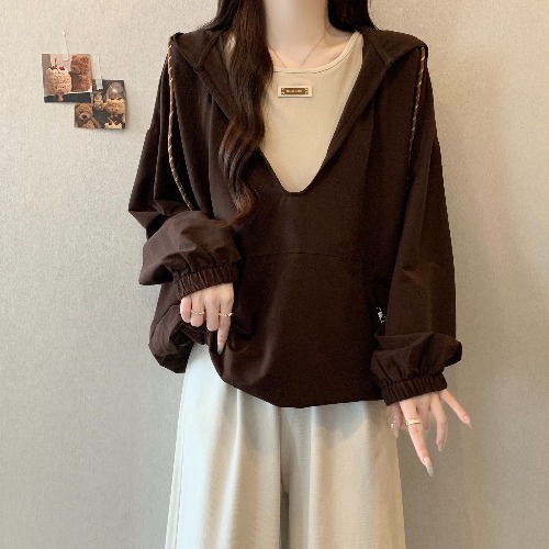 假两件美拉德连帽正肩卫衣女2025秋大码胖mm下摆松紧腰上衣A7613|undefined