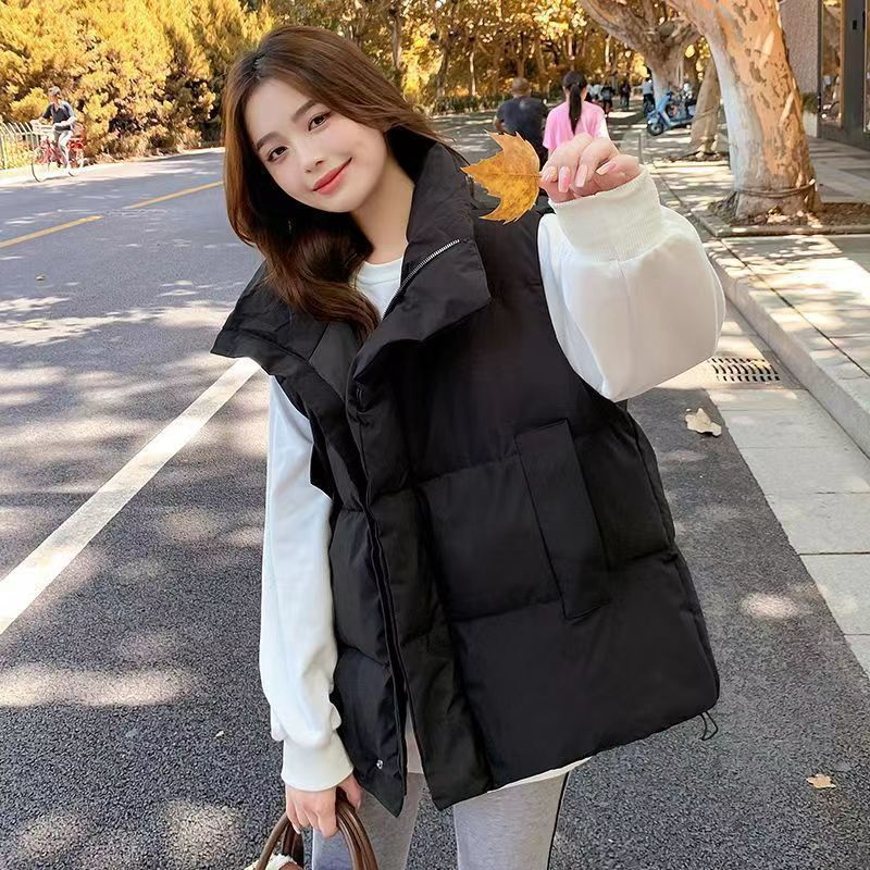 Chaqueta de chaleco de algodón negro otoño-invierno para mujeres 2025 nuevo estilo de estilo universitario corto hombre pequeño sin mangas hombro exterior image 8