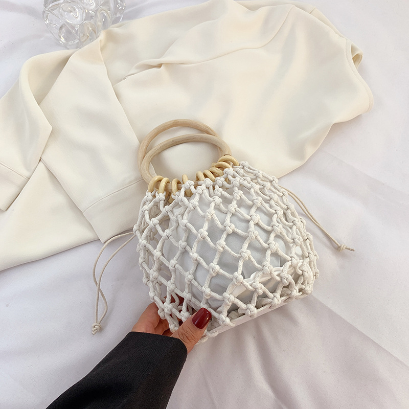(Con bolsa interior) bolso de paja cordón hecho a mano pequeña bolsa de playa de bolso de las mujeres bolso mango de madera