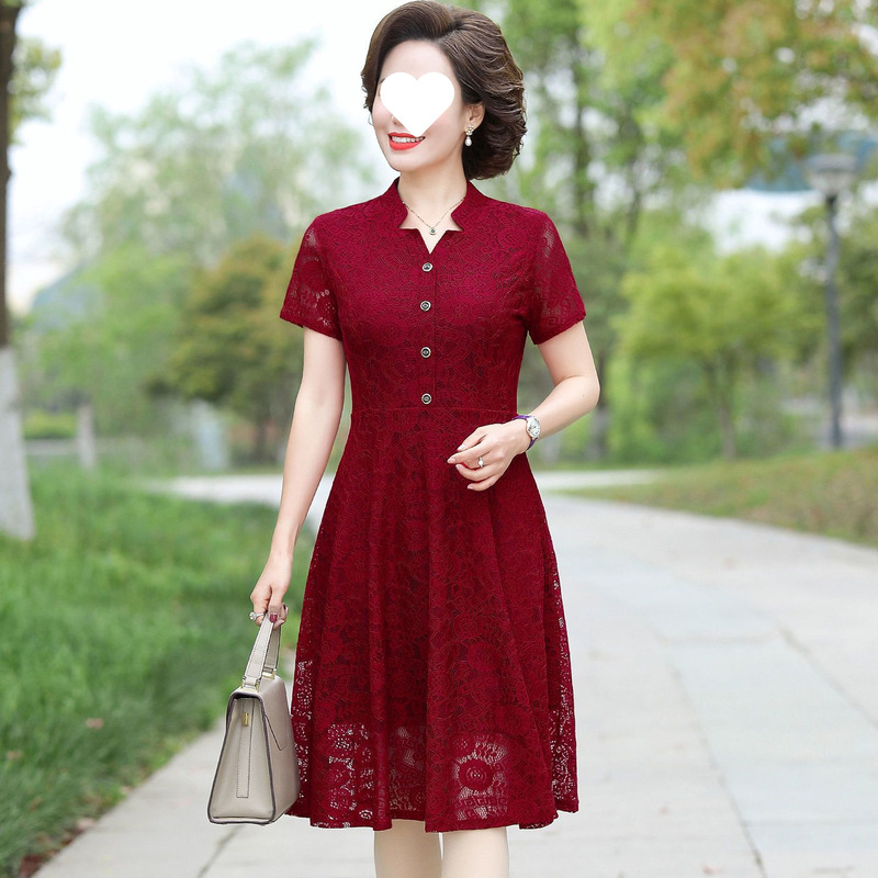 Middle-Aged Mother's Wedding Lace Dress for Women, New Summer and Spring Collection, Red Dress for Middle-Aged and Elderly Weddings Middle-Aged Mother's Wedding Lace Dress for Women, New Summer and Spring Collection, Red Dress for Middle-Aged and Elderly Weddings