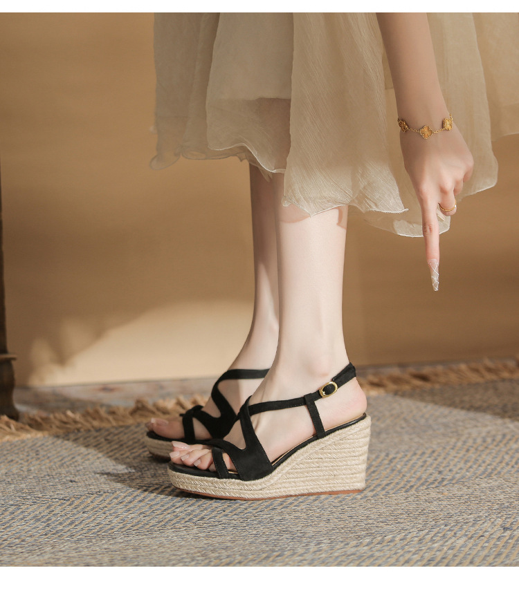 Sandal cao gót nữ hở mũi đế xuồng bọc dây thừng MJ90111 — màu đen chi tiết 13