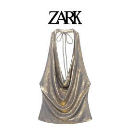ZARK 欧美新款时尚垂褶挂脖领背心吊带亮光上衣 跨境外贸女装批发