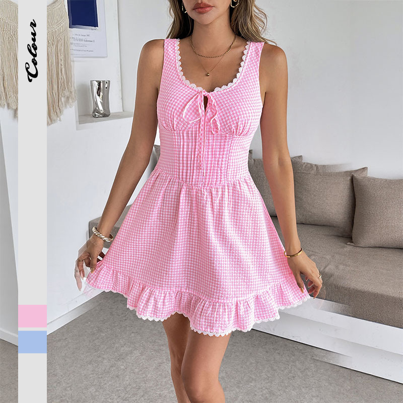Amazon Cross-Border 2025 New Holiday Sweet Girly Style Short Skirt Lace Bow Tie Suspender Dress