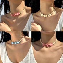 欧美跨境夏日时尚软陶花朵编织可调节项链女海边度假颈链饰品批发