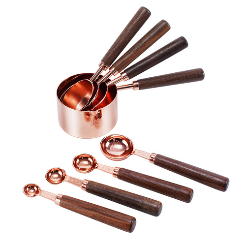Baking tools stainless steel measuring cup measuring spoon set walnut rose gold measuring cup measuring spoon pot belly cup kitchen utensils