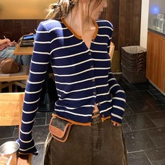 半岛早秋 韩系撞色条纹针织衫女早秋修身短款气质开衫上衣