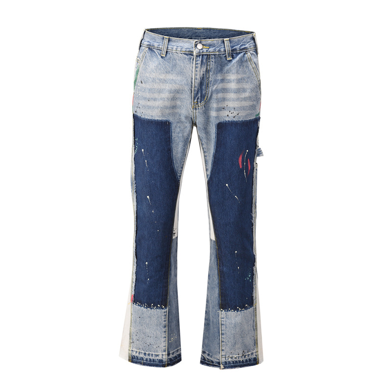 Herrenbekleidung High Street Washed Old Ink Splash Retro Functional Deconstructed Jeans Lose Gerade Freizeithose für Herren_voghion.com