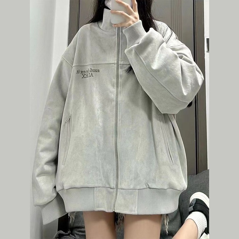 美式复古高级感夹克外套女春秋款宽松刺绣上衣冬季加绒加厚棒球服|undefined