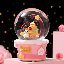 女生卡通水晶球抖音桌面摆件圣诞节礼物可爱八音盒发光雪花音乐盒