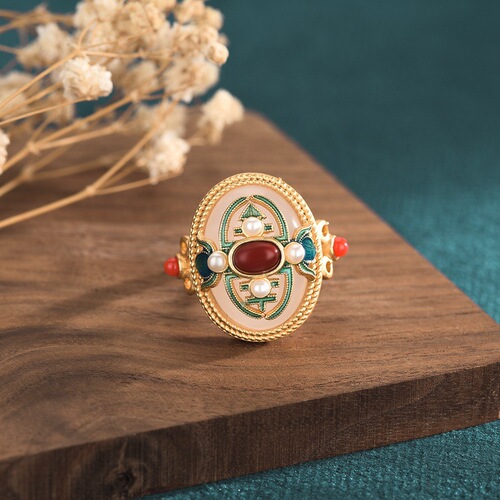 Palace design Chinese style elegant ancient gold enamel cloisonné multi-treasure ring inlaid with white jade and southern red ring