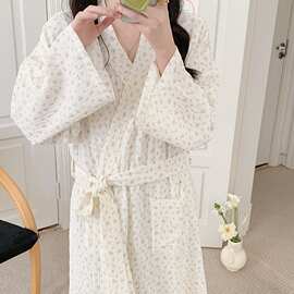 米白碎花V领长袖睡裙女韩系慵懒简约宽松春秋居家睡眠家居服批发