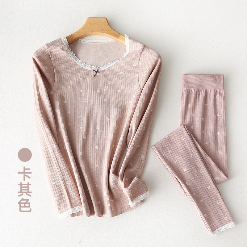 Conjunto de Ropa Interior Térmica de Algodón Colorido con Diseño de Hoja de Arce para Mujer, Invierno 2025, Cuello Redondo, Sin Costuras, Top y Pantalones, Venta al Por Mayor