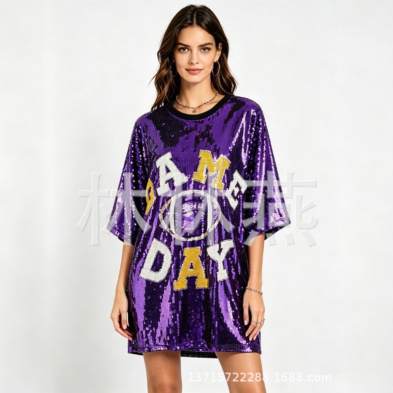 Quality In-Stock Items Game Day Sequined T-Shirt European and American Style Football-Themed Sequined Mid-Length Short-Sleeve Top Quality In-Stock Items Game Day Sequined T-Shirt European and American Style Football-Themed Sequined Mid-Length Short-Sleeve Top