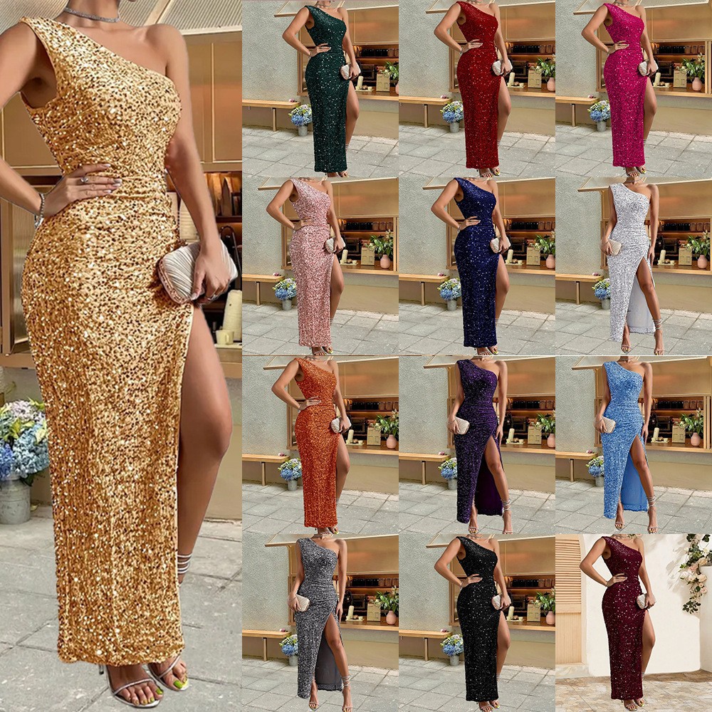 318g Weight Midi Dress Dress Length Type Sleeveless Sleeve Length Ball Gown Dresses Type Wholesale Women's Elegant Sequins Solid Color Masquerade Oblique Collar Sleeveless Ball Gown
