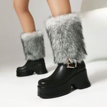 ebay货源2024年新品时朋克风厚底毛毛筒40-43大码皮带扣中筒女靴