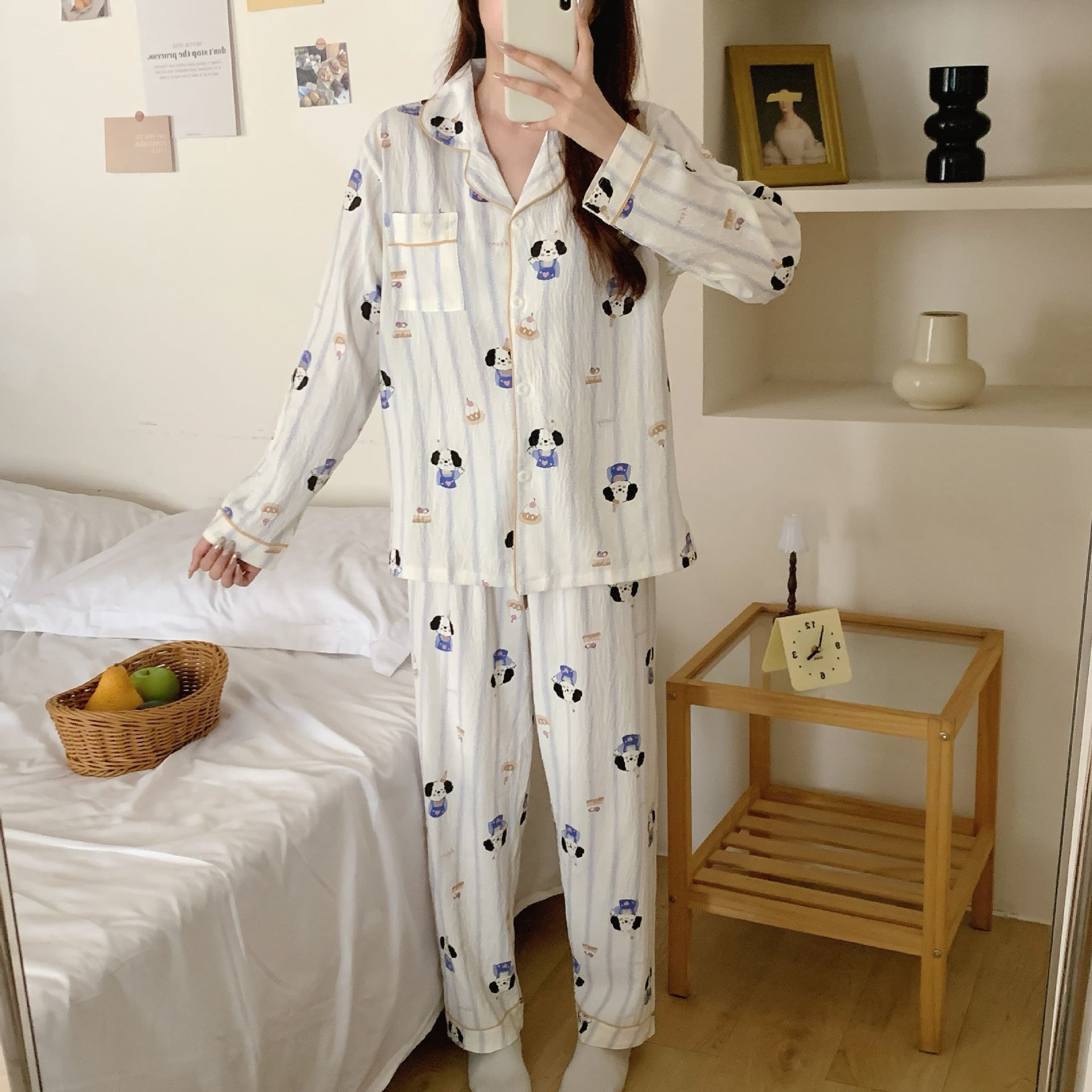 Al por mayor transfronterizo nuevo pijama de mujer pantalones de manga larga nubes de algodón lindos dibujos animados estudiantes cardigan con solapa cubierta de ropa para el hogar