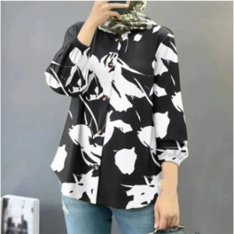 Новая женская свободная модная рубашка больших размеров с пышными рукавами и пуговицами с длинными рукавами и принтом