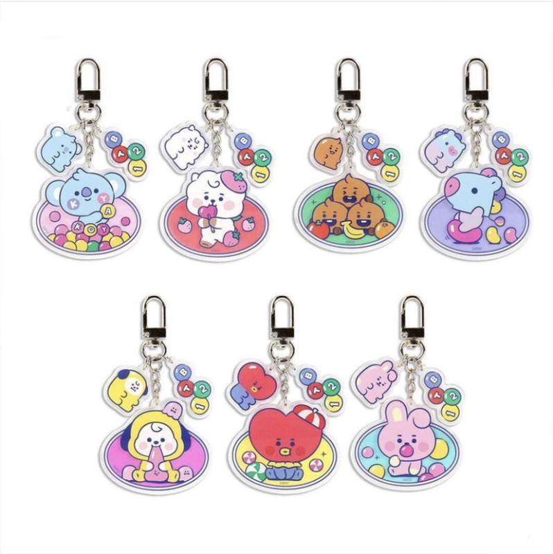 Korean and Japanese Bt Bts Cartoon Keychain for Men and Women, Cute Couple Transparent Acrylic Keyring for Bags
