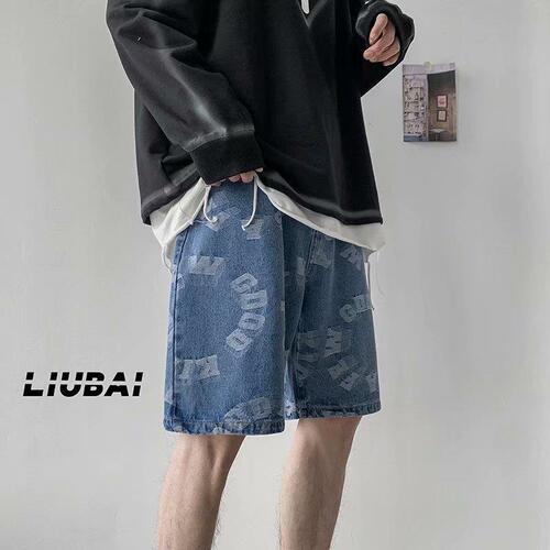 American letter print denim shorts for men, summer loose plus size 5-inch mid-rise streetwear trend brand big pants