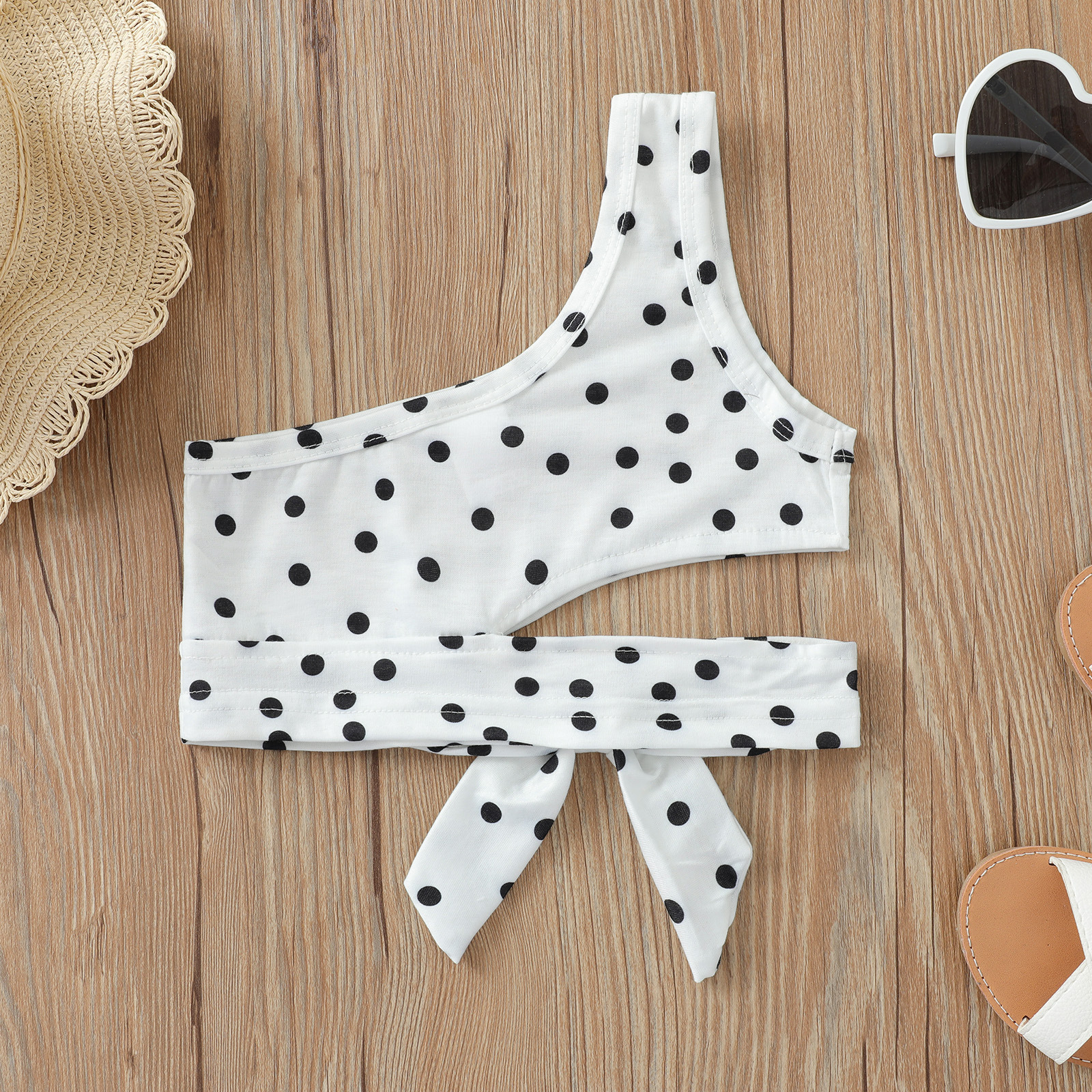 Chaleco transfronterizo para niños verano nuevas niñas Honda Polka Dot ombligo corto Top arco hombro camisa corta europea y americana