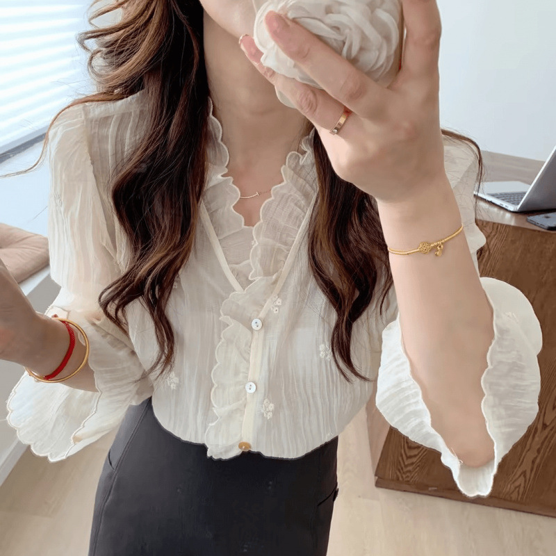 French Retro Style Lace Ruffle Design Shirt 2024 Early Autumn New Sweet Temperament Top for Women French Retro Style Lace Ruffle Design Shirt 2024 Early Autumn New Sweet Temperament Top for Women