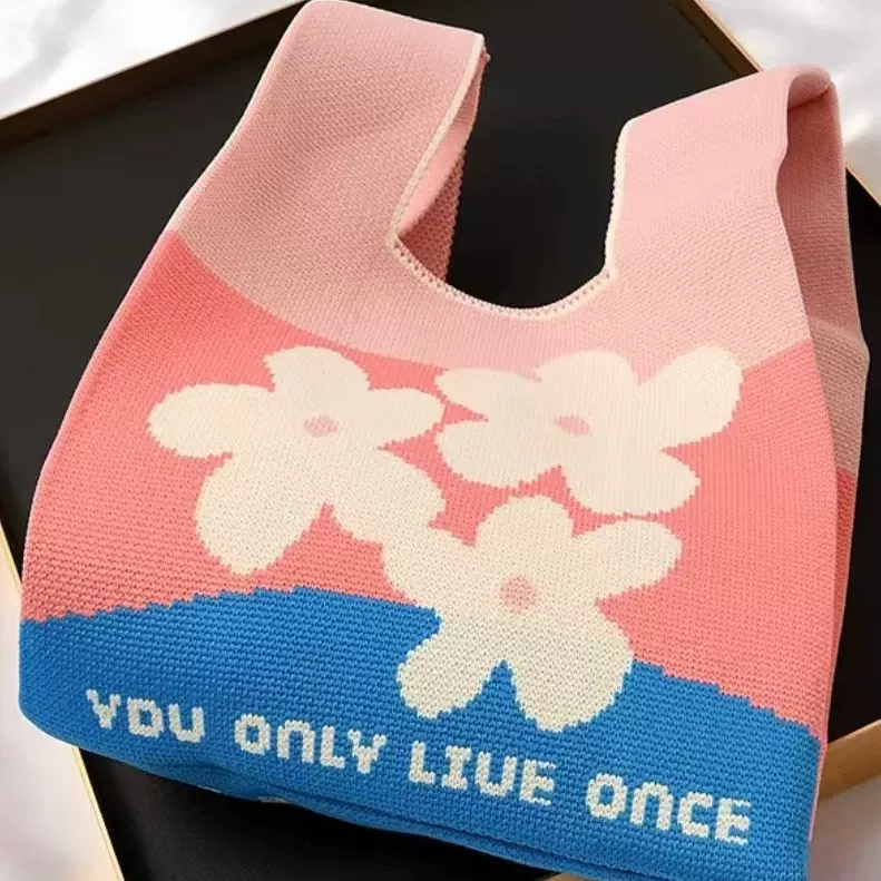 韩版时尚针织小花包包女小众设计出街休闲手提包托特手拎包单肩包