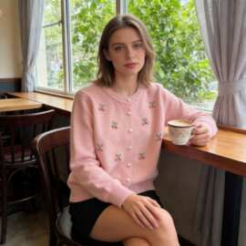 秋冬新款女装时尚重工樱桃排扣针织开衫毛衣外套