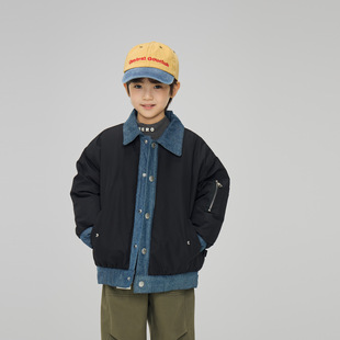 2024 Winter New Boys' Western Style Denim Stitching Fake Two-piece Thickened Jacket for Large Children Warm Jacket Cotton-padded Jacket