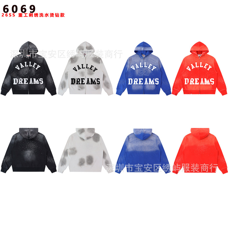 2026 Spring and Autumn New Style Vale Heavy Embroidery Rhinestone Zipper Hooded Sweatshirt Jacket Wholesale Dropshipping