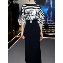 新款秋季连衣裙中袖拼接套头轻奢黑色印花蝴蝶袖女装显瘦收腰