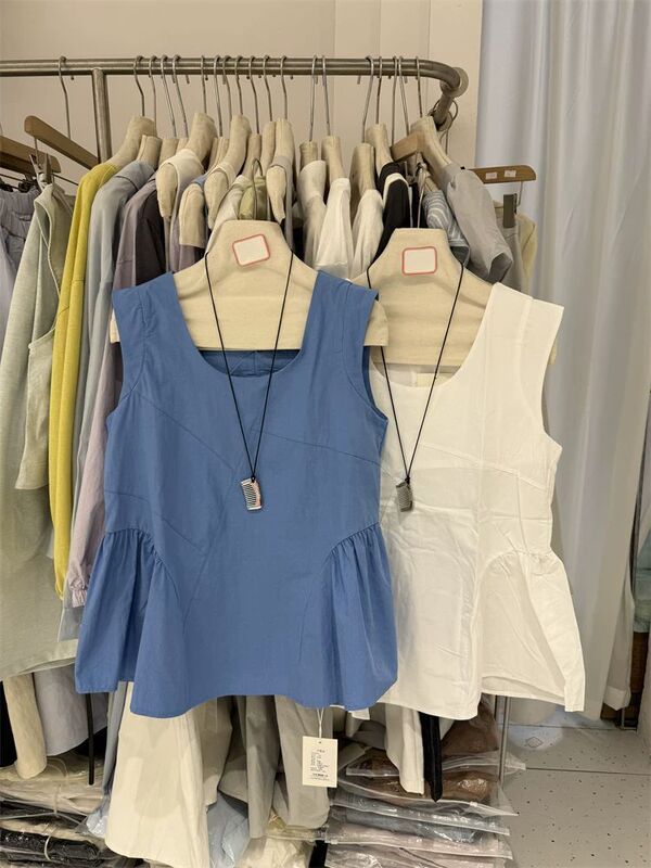 Korean-Style Design, Age-Reducing U-Neck Babydoll Shirt, Women's Top, New Summer Style, Breathable Cotton Sleeveless Shirt Vest 6260
