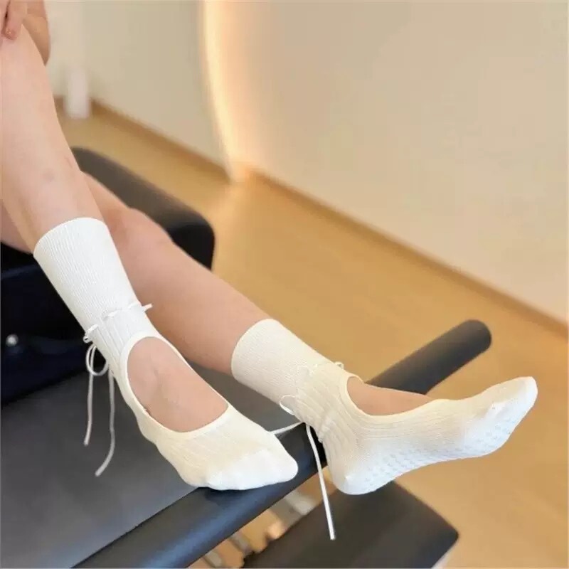 Spring and Summer New Style Pilates Dance Fitness Mid-Calf Non-Slip Backless Personalized Drawstring Silk Cotton Yoga Floor Socks