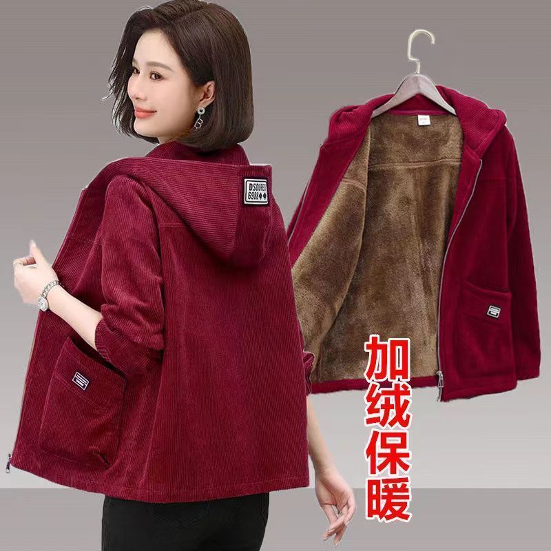 妈妈装灯芯绒外套女2025秋冬保暖新款加绒开衫连帽休闲上衣女加厚|undefined