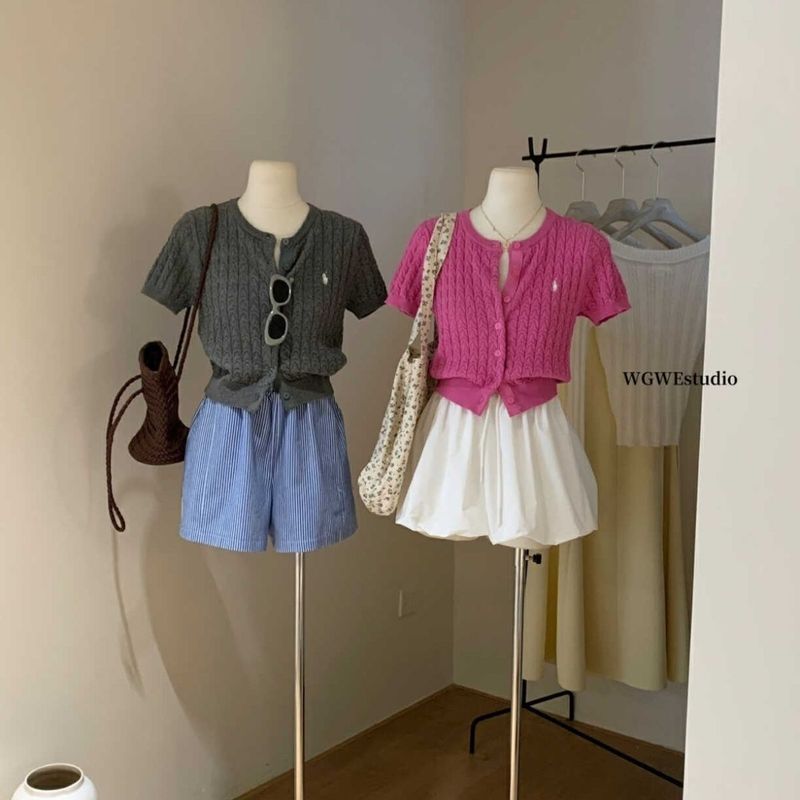 韩系休闲短袖针织上衣开衫女小衫短款2025春季新款显瘦小个子麻花|undefined