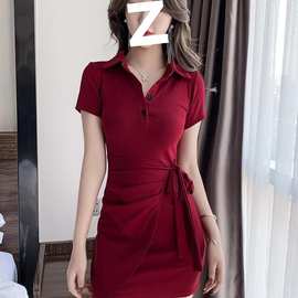 不规则气质POLO裙子女设计感小众绑带收腰紧身性感包臀连衣裙夏季