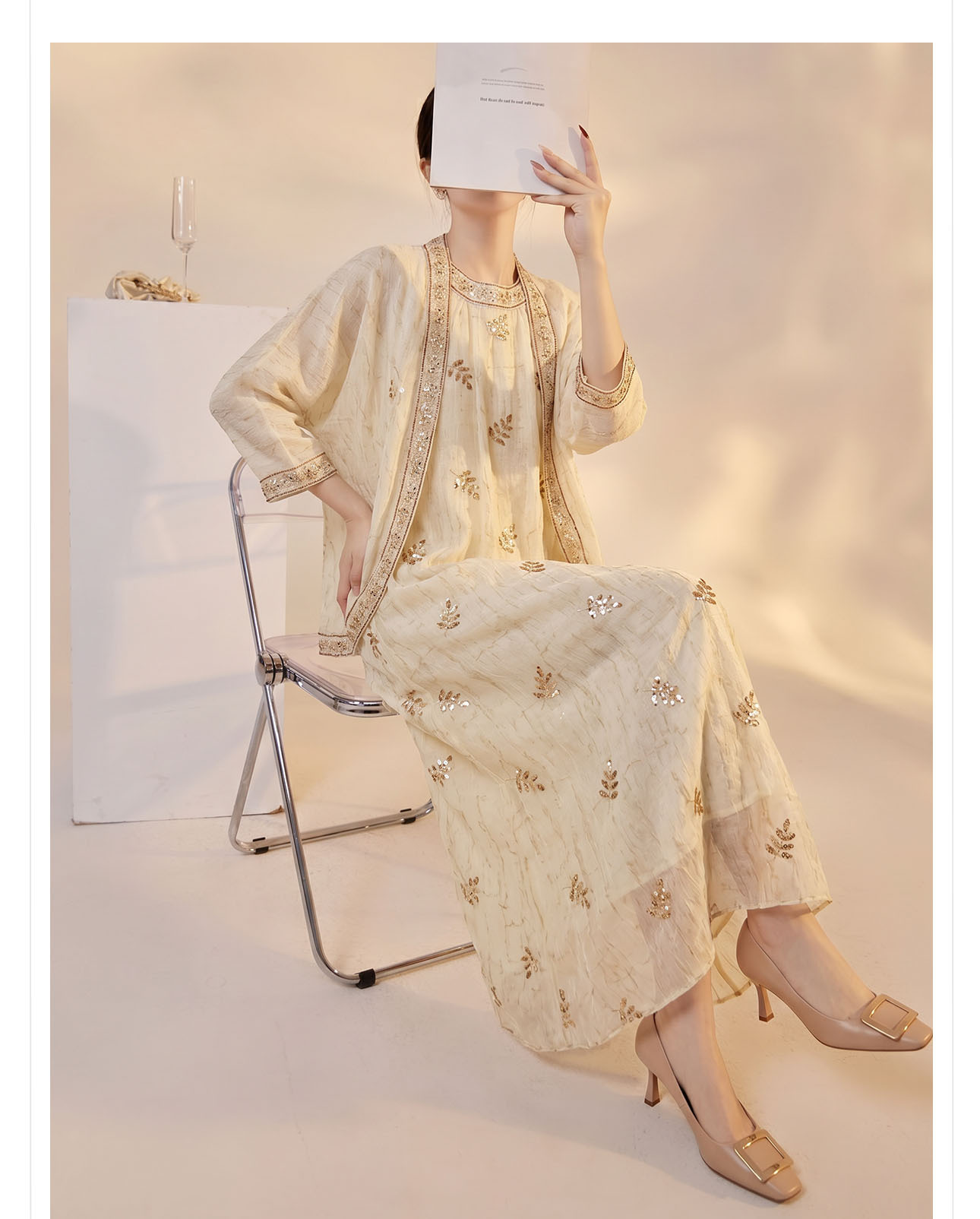 Bộ cardigan thêu đính cườm và đầm phong cách nữ tính — bộ đồ, Trang phục, Áo khoác chi tiết 6