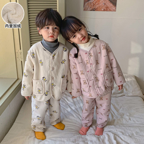 Children's Pajamas Autumn and Winter Thickened Boys' and Babies' Plush Suits  New Little Boys and Girls' Home Clothes