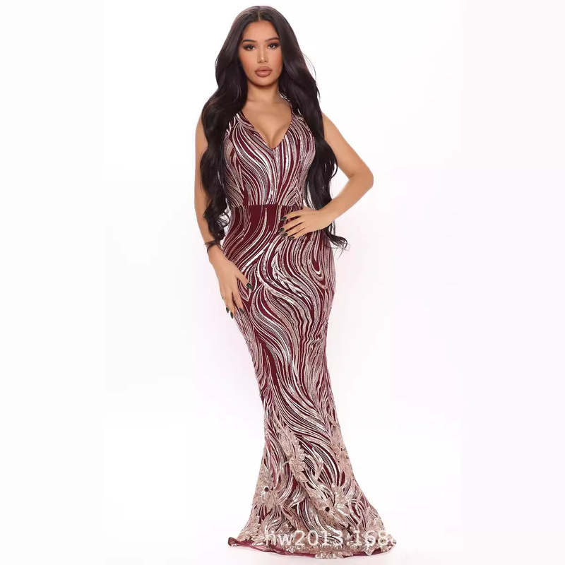 European and American Export Women's Clothing V Neck Contrasting Sequin Flower Mesh Stitching Sexy Slim Fit Large Hem Slit Sleeveless Dress