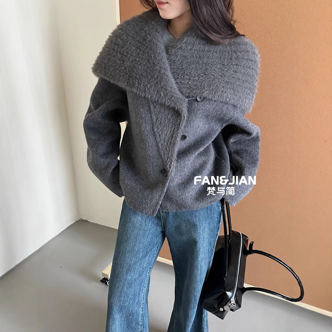 【Fanyu Jian】Korean Style Double-Sided Wool Coat for Women, Short Autumn and Winter Style, Faux Mink Fur Knitted Collar Woolen Jacket