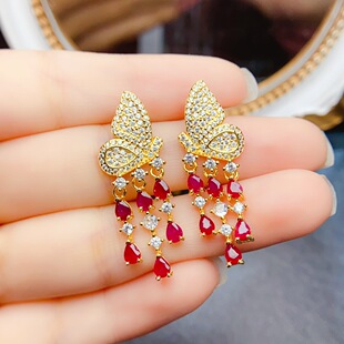 New natural old baked ruby earrings S925 silver inlaid with main stone 3*4mm Joker net red explosions women's jewelry batch