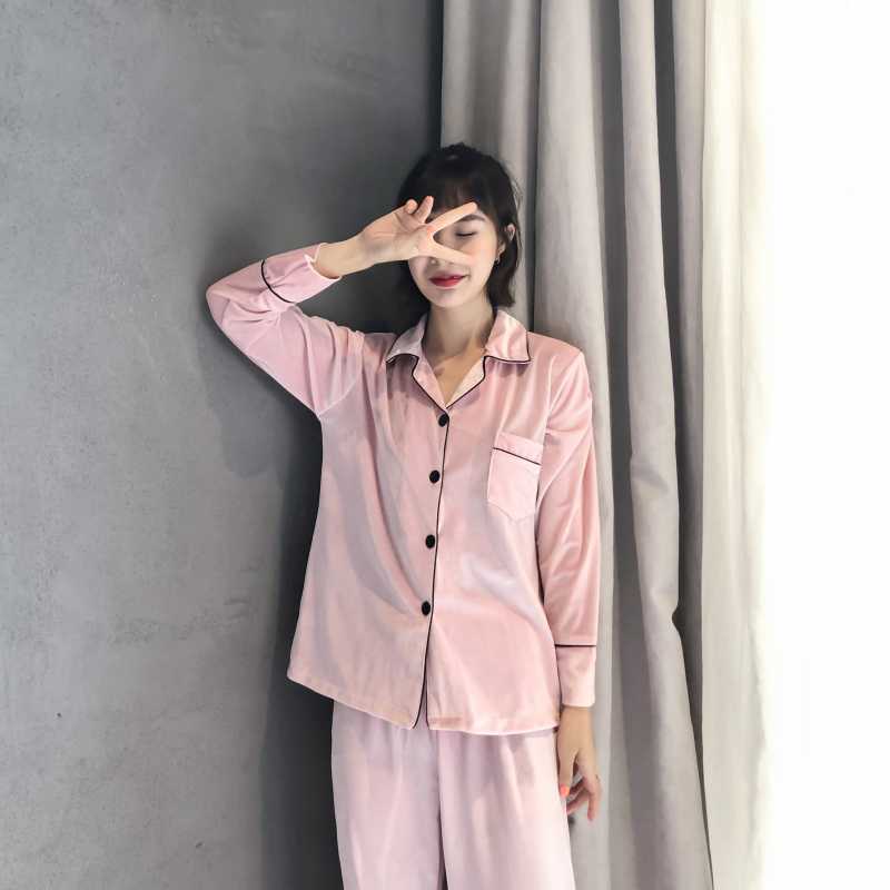 Coreano terciopelo pareja pijamas de las mujeres Otoño e Invierno de manga larga cardigan oro terciopelo cardigan simple ropa de hogar traje de los hombres más el tamaño